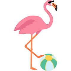 Pink Flamingo Wearing Sunglasses Stands With Beach Ball Against Transparent Background In Summer Style