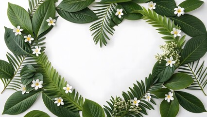 A beautiful heart-shaped frame creatively arranged with fresh green tropical leaves like palm and fern, adorned with small white flowers on a clean white background, symbolizing love for nature