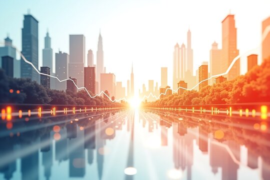A futuristic cityscape reflected in calm water, overlaid with glowing financial charts and graphssymbolizing economic growth, data-driven urban development, and the intersection of finance and modern 