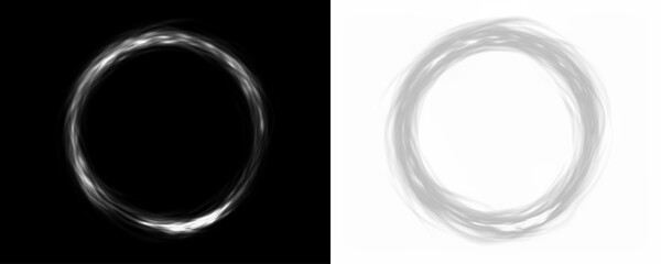 Abstract circular PNG overlay with swirling light effects, featuring contrasting black and white backgrounds, ideal for creative design projects and visual storytelling applications