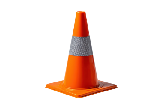 Bright orange traffic cone with reflective band on black background safety warning, Png, Isolated on Transparent Background, Cut Out