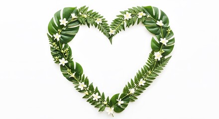 A beautiful heart-shaped frame made of lush green leaves and delicate white flowers, symbolizing a love for nature, romance, and eco-friendly concepts