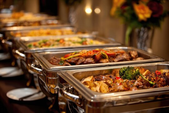 Elegant buffet spread, various hot dishes in silver chafing pans, catering event