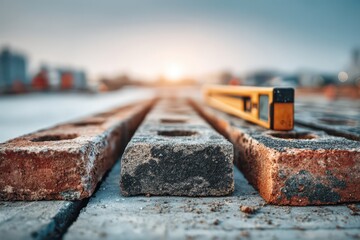 Weathered bricks and a spirit level on a construction site at golden hour sunset.