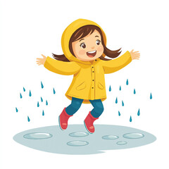  Happy girl in yellow raincoat jumping in a puddle