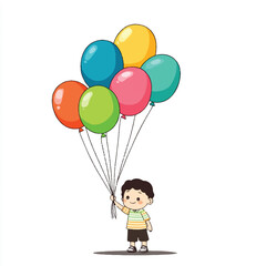 Happy little boy holding a colorful bunch of balloons