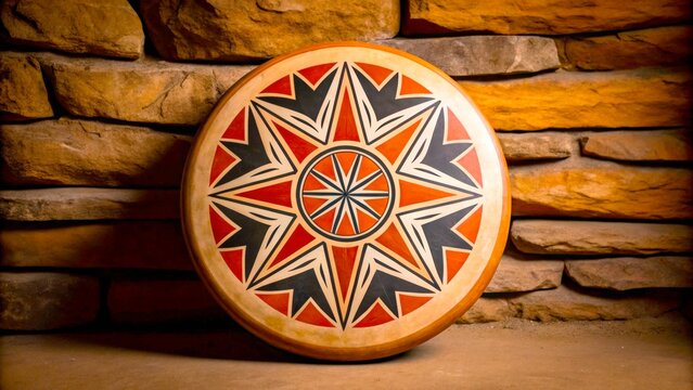 Colorful hand-painted pottery display on a stone wall in a rustic setting