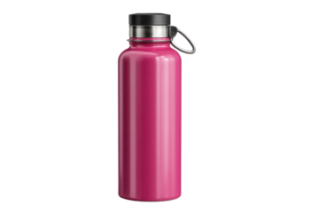 Pink metal water bottle with black cap and silver loop on black background stainless, Png, Isolated on Transparent Background, Cut Out