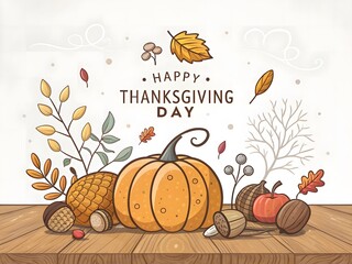 Minimalist Happy Thanksgiving Pumpkin Nuts Wooden Table Vector