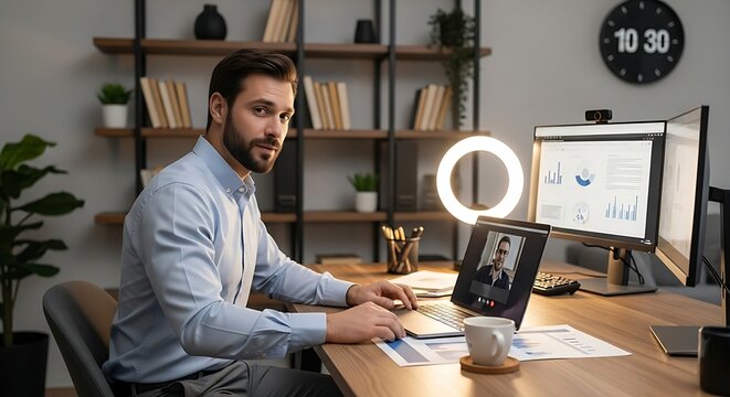 Man working at desk with ring light and computer for online content creation