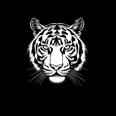 Obraz premium Black and white illustration of a tiger head on dark background. Bold, powerful, minimal design