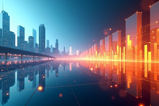 A futuristic city skyline reflects in glowing waters, with a vibrant upward-trending financial chart superimposedsymbolizing growth and prosperity in the digital economy.