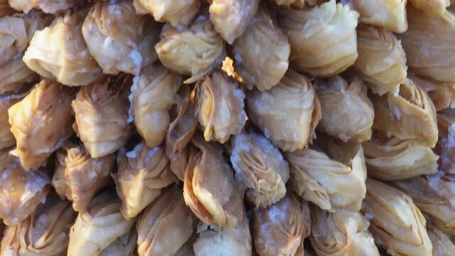 Closeup of traditional Indian khaja layered sweet stacked together