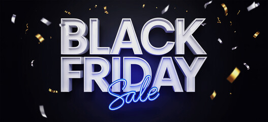 Black Friday sale poster with metallic silver and blue typography on dark festive background