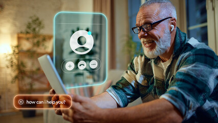 Older man video chatting using AI assistant interface for communication. Concept of digital...