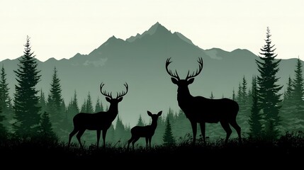 Silhouettes of deer in a serene mountain forest at dawn with misty mountains in the background