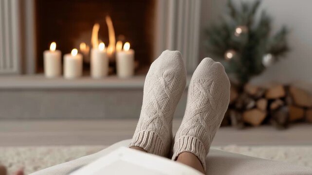 Close up of a woman's feet in cozy wool socks, enjoying a good book next to a crackling fireplace with glowing candles on a chilly winter night