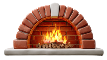 Cozy Brick Hearth with Fire: A warm inviting hearth crafted from red brick, emanating the comforting glow of a crackling fire within. Embodying warmth and the essence of home.