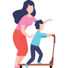 Mother assisting child on scooter with pink shirt and coral pants blue shirt and navy pants illustration on transparent background