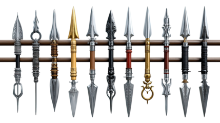 Artisan Spears: A striking collection of expertly crafted spears, each with a unique design and intricate details, is showcased against a minimalist backdrop.