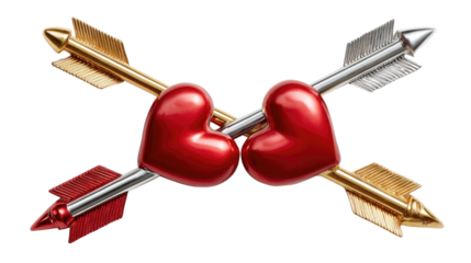 Love's Crossroads: A visual poem celebrating love, featuring two intertwined red hearts pierced by golden and silver arrows, symbolizing passion, affection, and the enduring bond of two hearts.