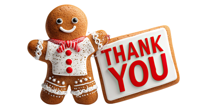 Gingerbread's Thank You: A charming gingerbread man expresses gratitude with a Thank You sign, creating a warm, festive scene.