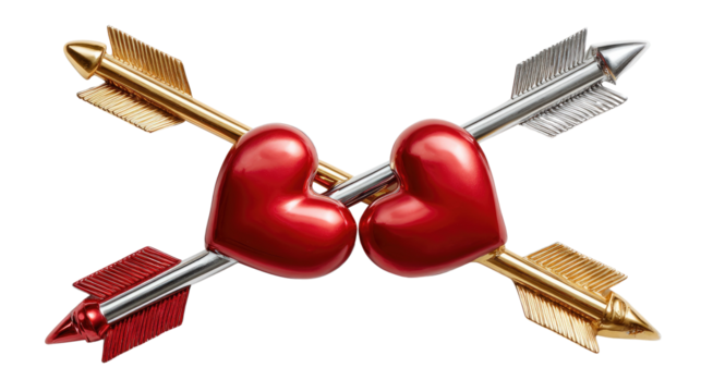 Love's Crossroads: A visual poem celebrating love, featuring two intertwined red hearts pierced by golden and silver arrows, symbolizing passion, affection, and the enduring bond of two hearts. - Powered by Adobe