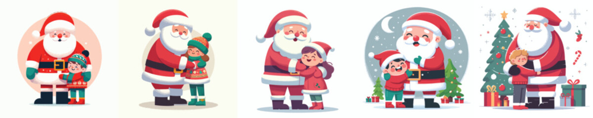 happy children hugging santa claus