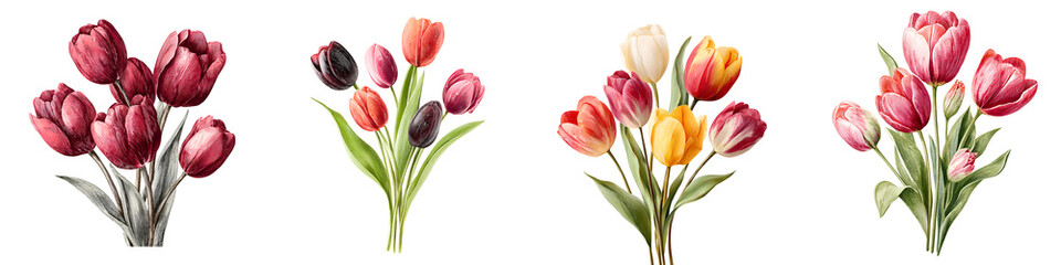 Collection of Four Watercolor Tulip Flower Bouquets Isolated on White