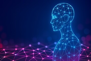 Digital human outline with connected nodes on blue and pink background  