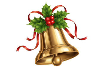 Golden christmas bell with holly and red ribbon isolated on transparent background