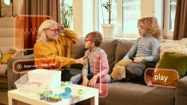 Grandmother and grandchildren interacting with smart assistant interface at home. Concept of family bonding, learning through play, technology education, and digital comfort. Creative collage