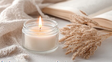 Beige soy wax candle burning in glass jar on cozy neutral background