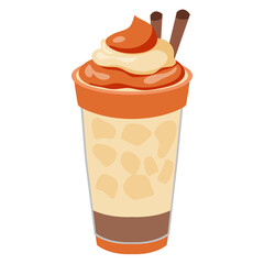 Pixel Art Iced Coffee Drink with Whipped Cream and Chocolate Sticks in a Transparent Cup