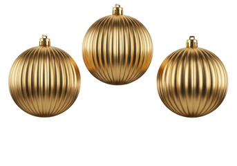 Three golden ribbed christmas baubles isolated on transparent background