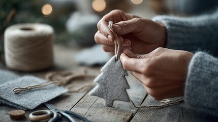 Hands making felt Christmas tree ornament with string on rustic wooden table