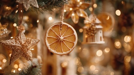 Dried orange slice and natural ornaments hanging on Christmas tree with warm lights
