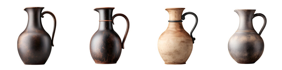 Collection of Four Rustic Ceramic Vases and Pitchers on White
