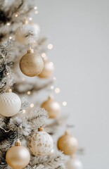 Elegant white Christmas tree with gold and pearl ornaments in soft holiday lighting