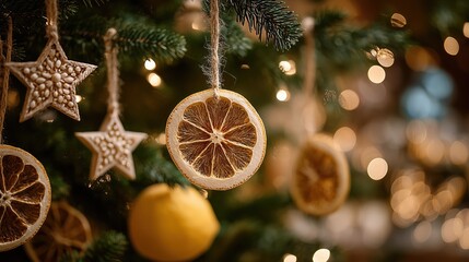 Dried orange slice and natural ornaments hanging on Christmas tree with warm lights