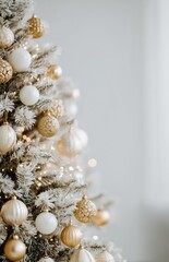 Elegant white Christmas tree with gold and pearl ornaments in soft holiday lighting