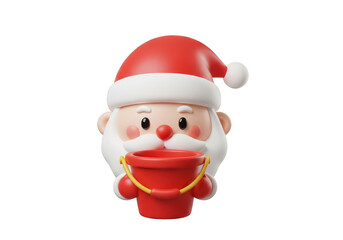 Cute 3d illustration of santa claus face holding a red bucket isolated on transparent background