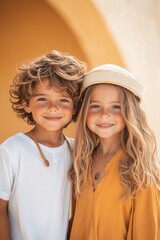 Smiling Kids in Boho Summer Outfits Posing Outdoors