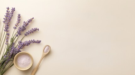 Lavender Flowers and Bath Salt on Beige Background