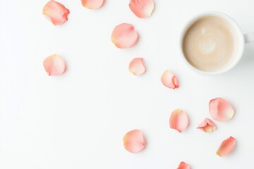 Coffee and Rose Petals on White Background