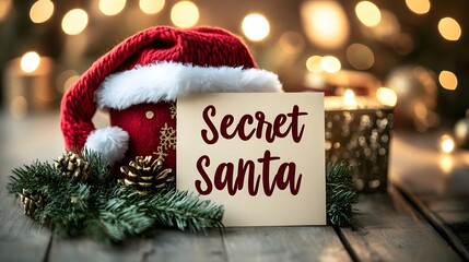 Festive secret santa display with holiday decorations and warm lighting in a cozy setting