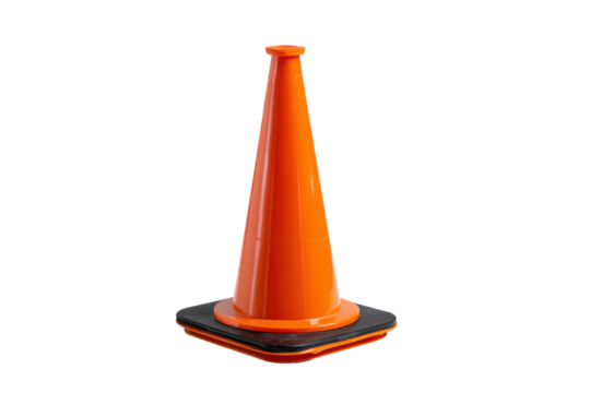 Bright orange traffic cone with black base isolated on black background safety warning, Png, Isolated on Transparent Background, Cut Out