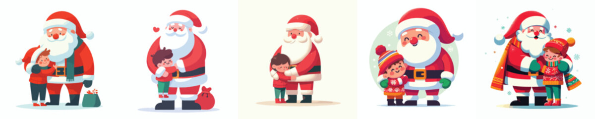 happy children hugging santa claus
