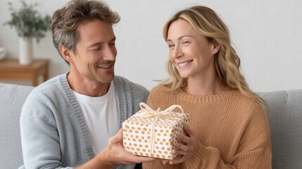 Smiling Couple Sharing a Gift in Cozy Home Setting