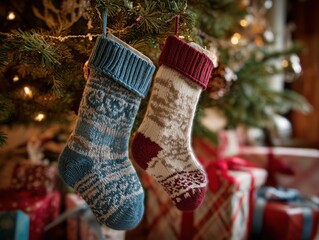 Knitted Christmas stockings hanging on tree with gifts underneath in cozy holiday setting